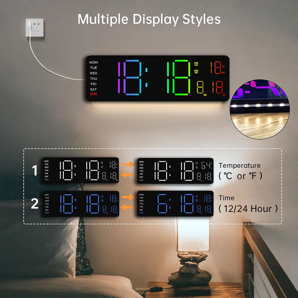 13-inch LED digital wall clock by Showlu Smart General displaying time with RGB night light and clear digital display.