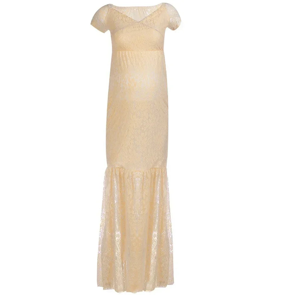 Showlu Mermaid Maternity Dress in lace with V-neck, maxi gown for photography, designed for expecting mothers.
