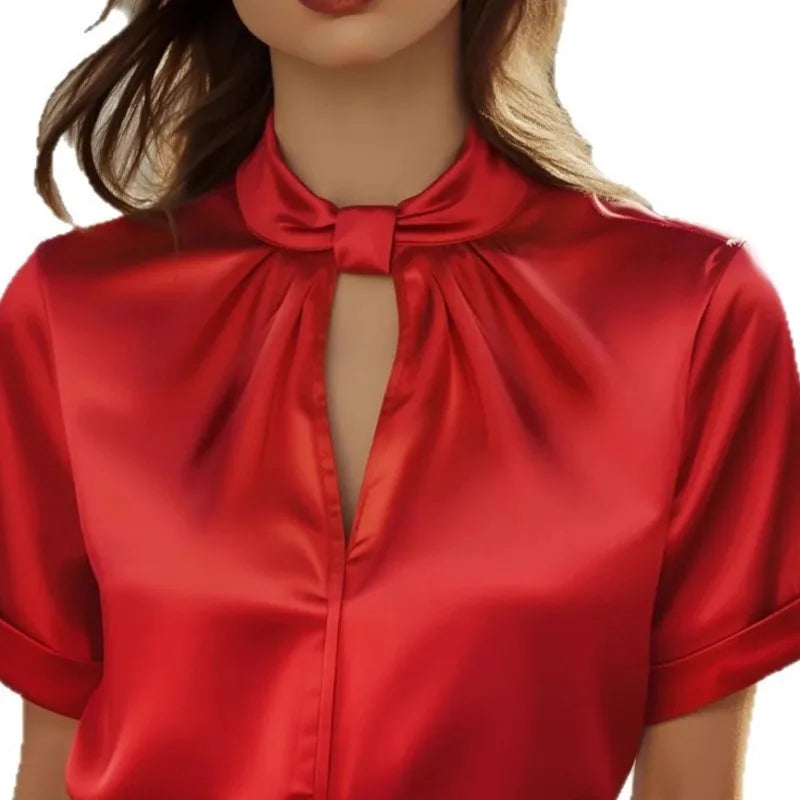 Owner Girl women's satin boho blouse in khaki with short sleeves and stand collar, stylish and comfortable for casual wear.