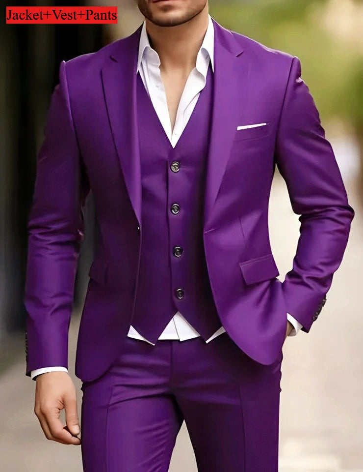 Black men's slim fit tuxedo suit set for formal occasions, featuring tailored design and stylish lapels.