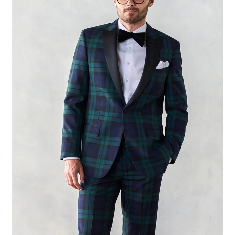 Men's green plaid slim fit tuxedo, 2-piece formal wedding suit by Showlu Fashion Store, shown on a hanger.