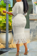 Plus Size Mother Of The Bride Grey Turndown Collar Flare 3/4 Sleeve Strappy Two Piece Skirt Sets