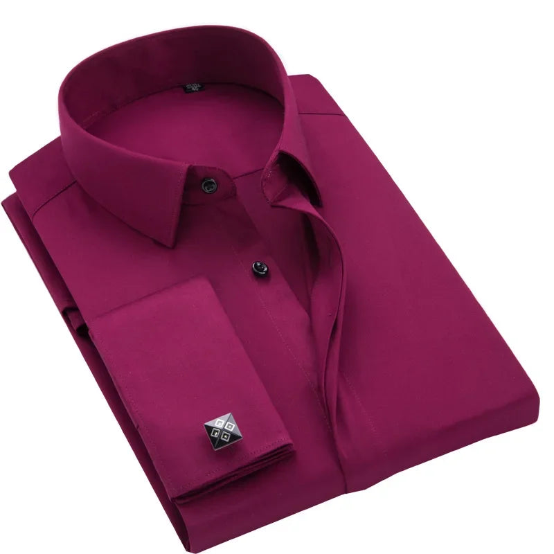French Cufflink Men's Long Sleeve Bamboo Fiber Covered Button Shirt Slim Fit  Wedding Dress Sleeve Spikes Business Dress  Shirt