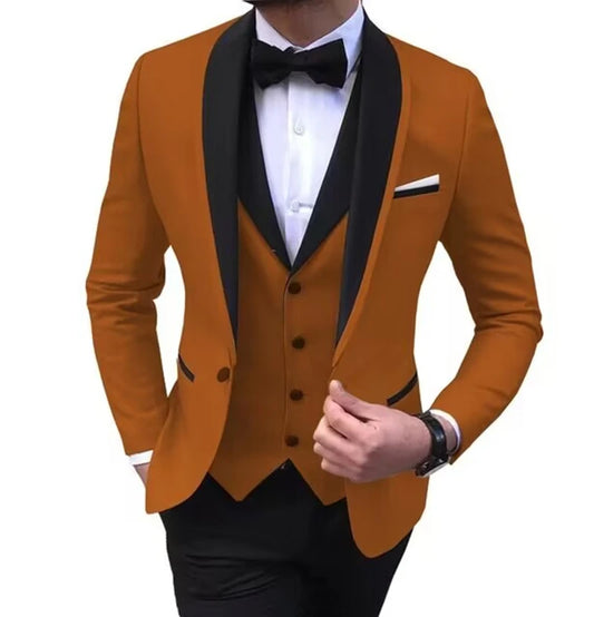 Casual Solid 3 Piece Men Wedding Suits Slim Fit Shawl Lapel Blazer Vest Pants Formal Business Groom Tuxedos Party Costume Homme