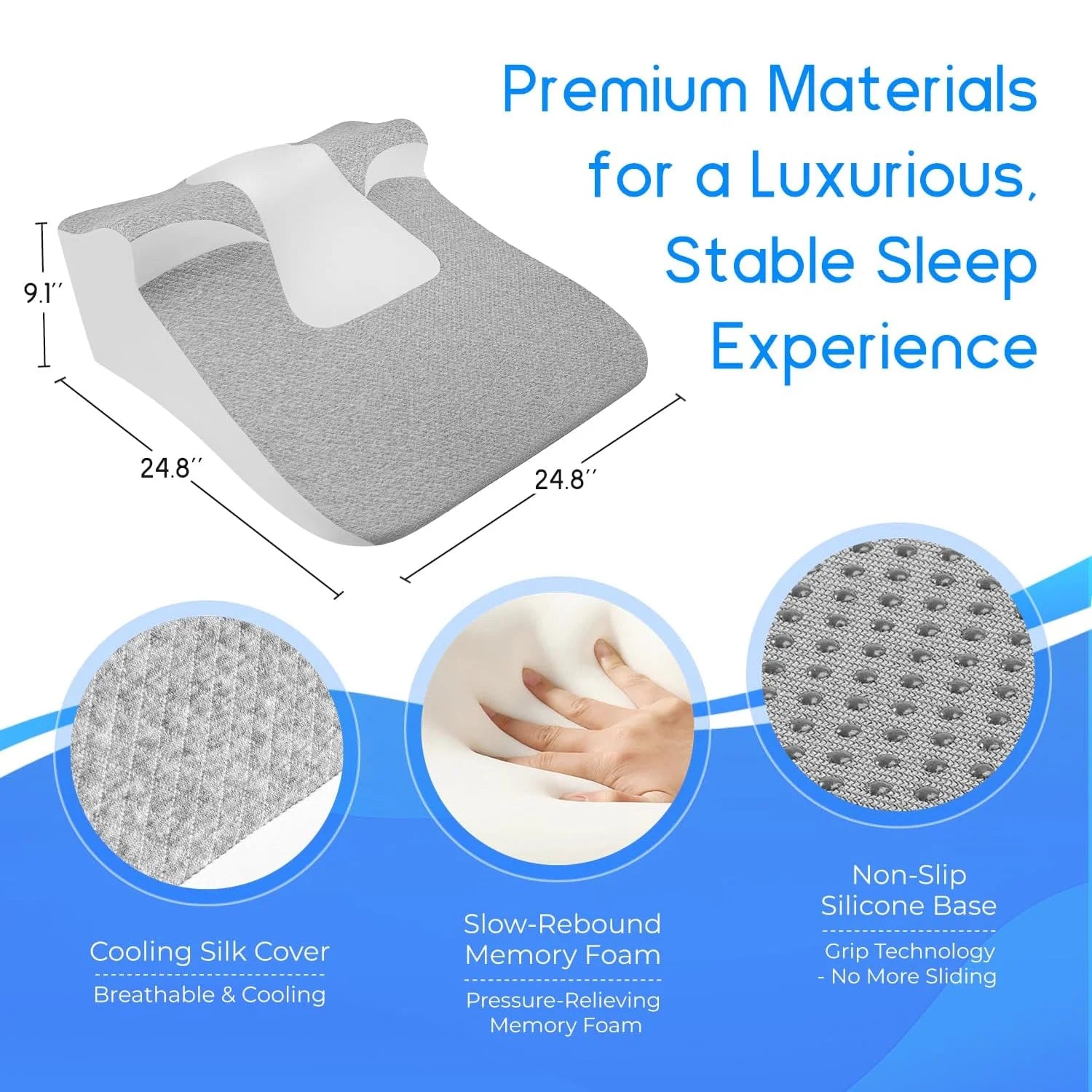 Showlu Memory Foam Bed Wedge Pillow for acid reflux and reading, with ergonomic design and soft fabric cover.