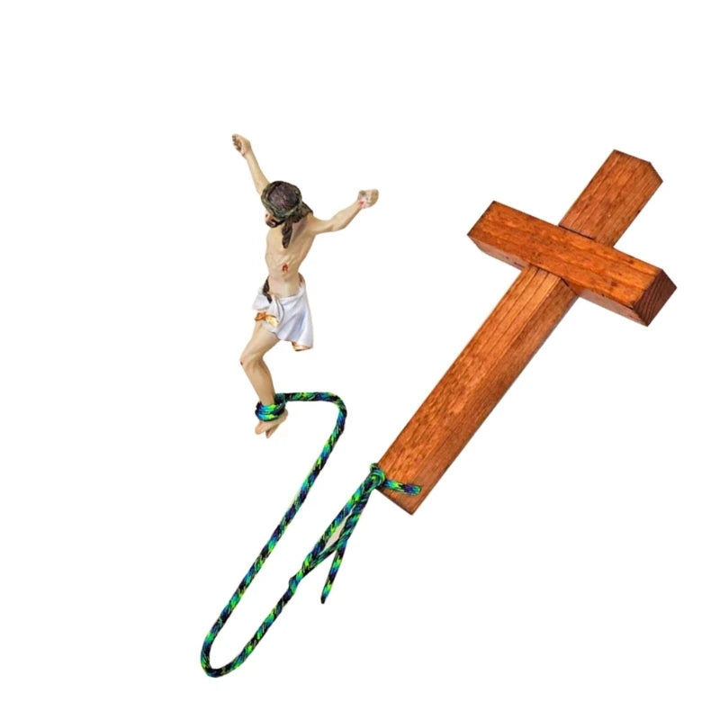 Handmade wooden resin sculpture of Bungee Jumping Jesus, a unique religious artwork decorative wall ornament.