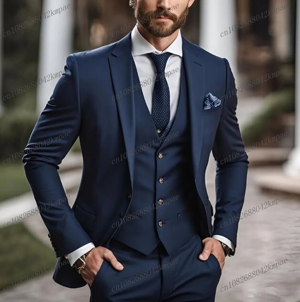 Orange men's formal suit set with blazer, vest, and pants, ideal for weddings, proms, or business occasions.
