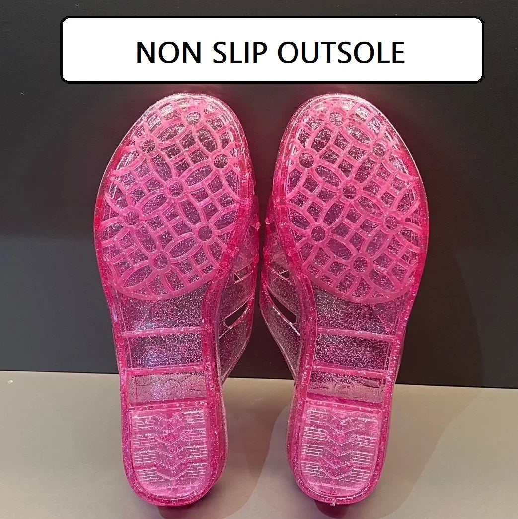 Lorilury women's transparent jelly slippers with glitter wedge heel mules, stylish and comfortable summer footwear.