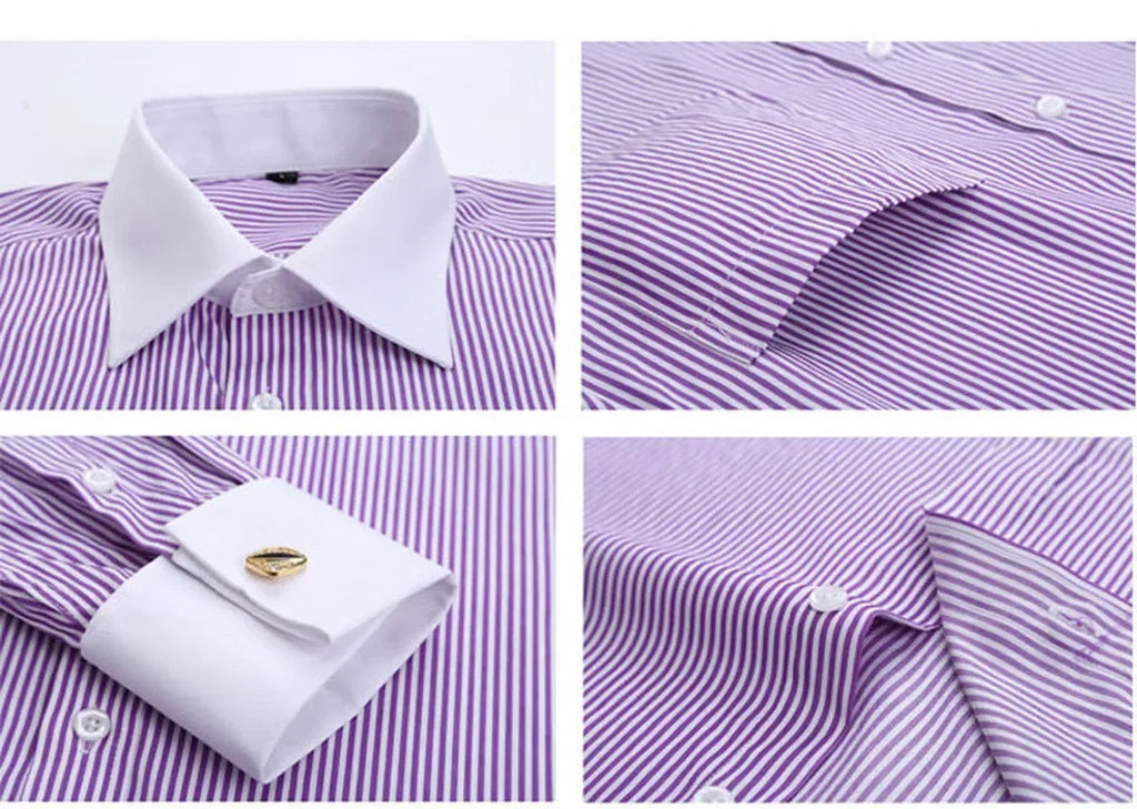 Elegant men's French cuff dress shirt by Showlu Fashion, long sleeve, solid striped pattern, includes cufflinks, plus size available.