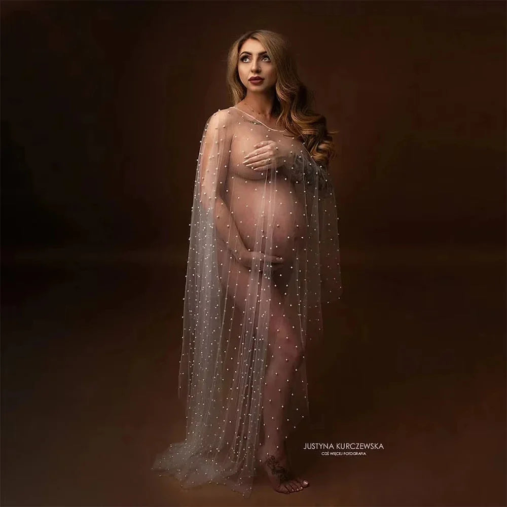 Showlu Maternity Tulle Cape Pearl Cloak, boho pregnancy photo shoot gown with delicate pearls and flowing tulle fabric.