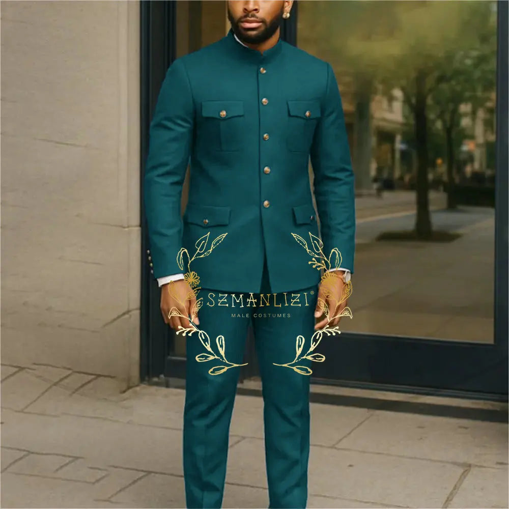 Showlu Fashion men's white tuxedo suit with stand collar, single-breasted blazer and matching pants for formal occasions.