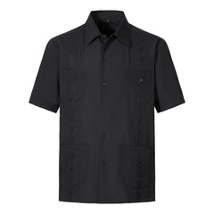 2025 New Summer Men's Guayabera Shirts Four Pockets Embroidered Short Sleeve Shirts for Men Blue Mexican Cuban Button Shirt