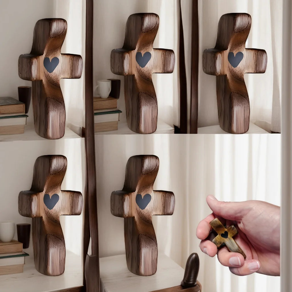 Showlu wooden pocket cross with heart-shaped design, fingertip stress relief gift, compact wooden religious accessory.