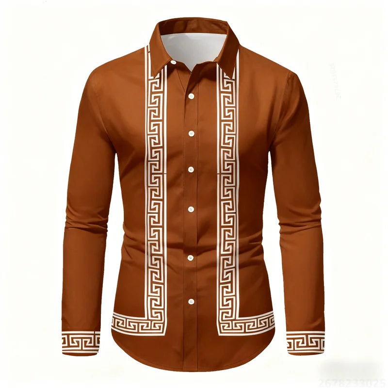 Men's retro geometric print long-sleeve shirt in black and white, stylish slim fit casual top from Showlu Fashion Store