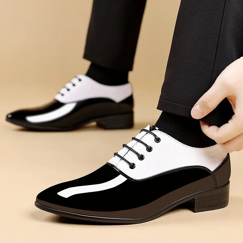 Black patent leather Oxford shoes for men by Showlu Fashion Store, formal dress shoes with sleek, polished finish.