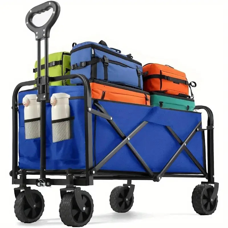 Showlu Smart General foldable beach cart with large wheels, lightweight aluminum frame, and adjustable handle for easy outdoor transport.