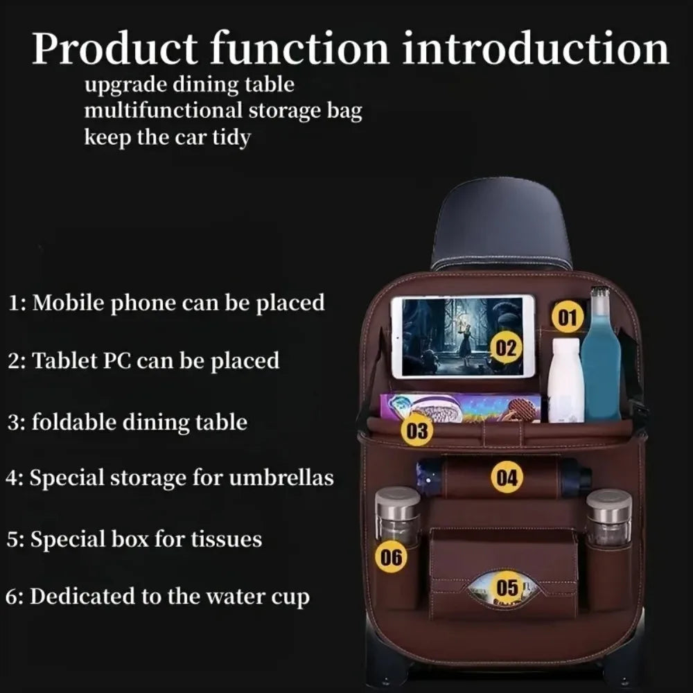 Showlu Smart General car seat organizer with tray, featuring multiple storage compartments and a built-in tray for convenience.
