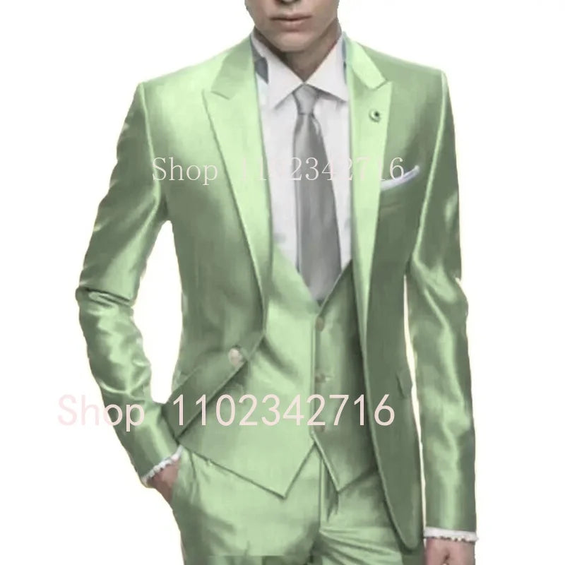 Showlu Silver Grey Satin Men's 3-Piece Slim Fit Formal Wedding Tuxedo, front view with jacket, shirt, and trousers.