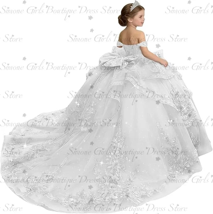 Princess Off Shoulder Flower Girl Dress for Wedding Kids Lace Appliqued Tulle Pageant Dress Customized Birthday Party Ball Gown