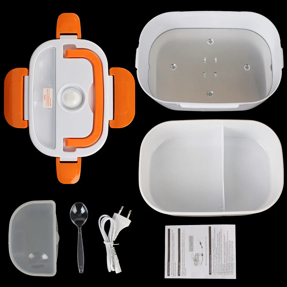 Showlu electric heated lunch box with 12V and 220V options, portable food warmer with sleek design and compact size.