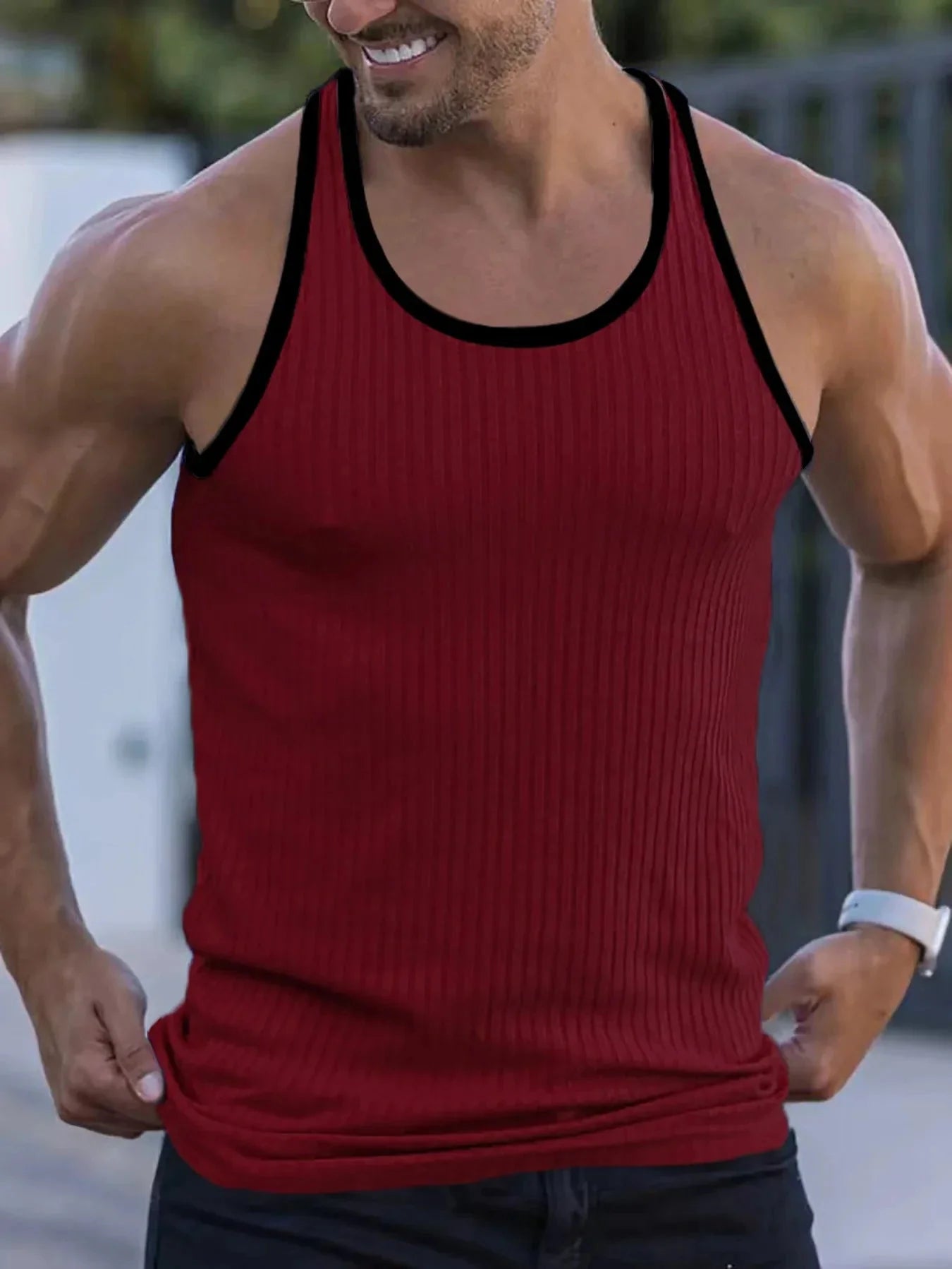Men's quick-dry sleeveless gym tank top with vertical stripes by Showlu Fashion, ideal for workout and athletic activities.
