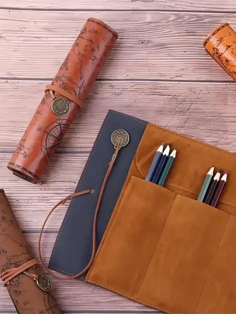 Large Showlu Retro Treasure Map Leather Roll Pencil Case with multiple compartments for stationery storage.