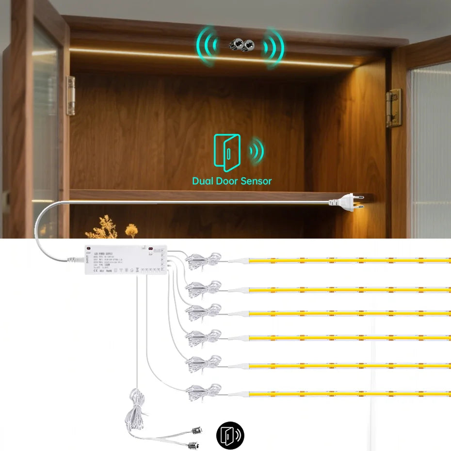 Showlu Smart General YEMEKE 12V COB LED strip with door sensor, showcasing the bright LED strip and sensor components in a close-up image.
