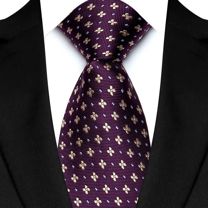Luxury men's purple necktie with floral, plaid, and stripe patterns, jacquard woven design for business, wedding, or formal occasions.