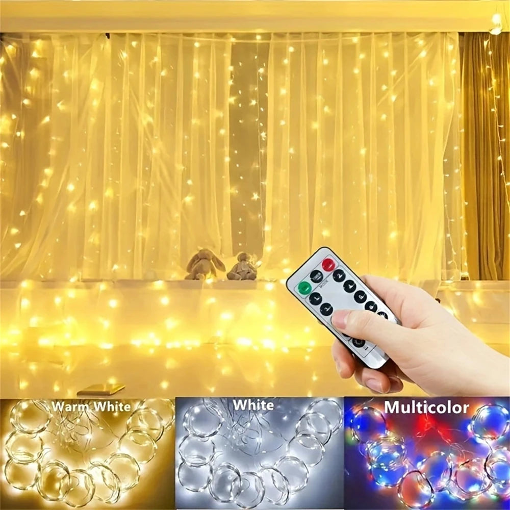 Showlu Smart General LED curtain fairy lights hanging with warm white glow, perfect for home decor or festive decoration.