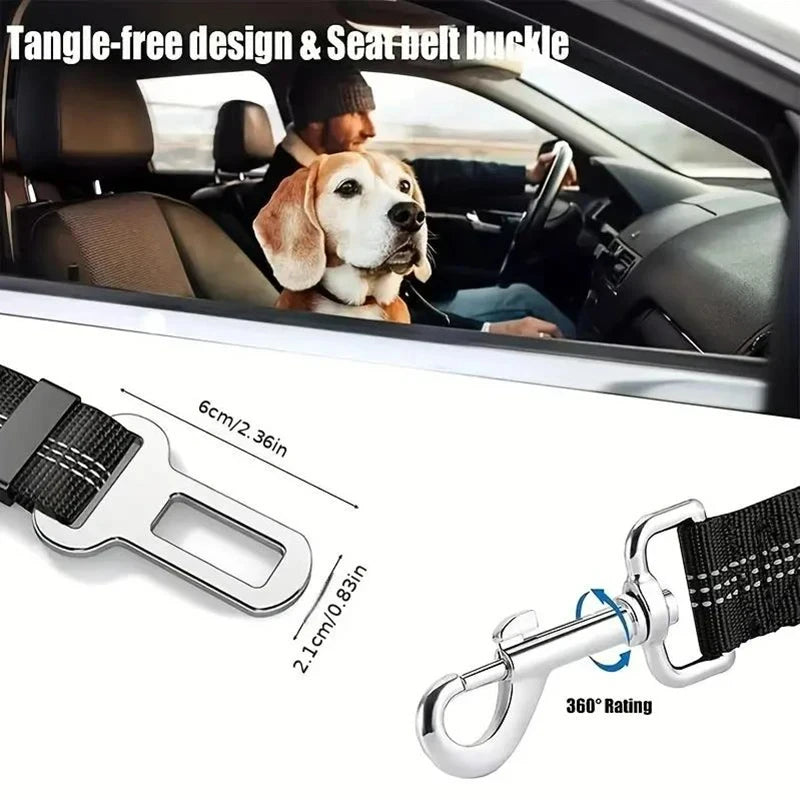 Showlu Smart General pet car seatbelt harness attached to a dog, securing the pet safely in a vehicle for travel.