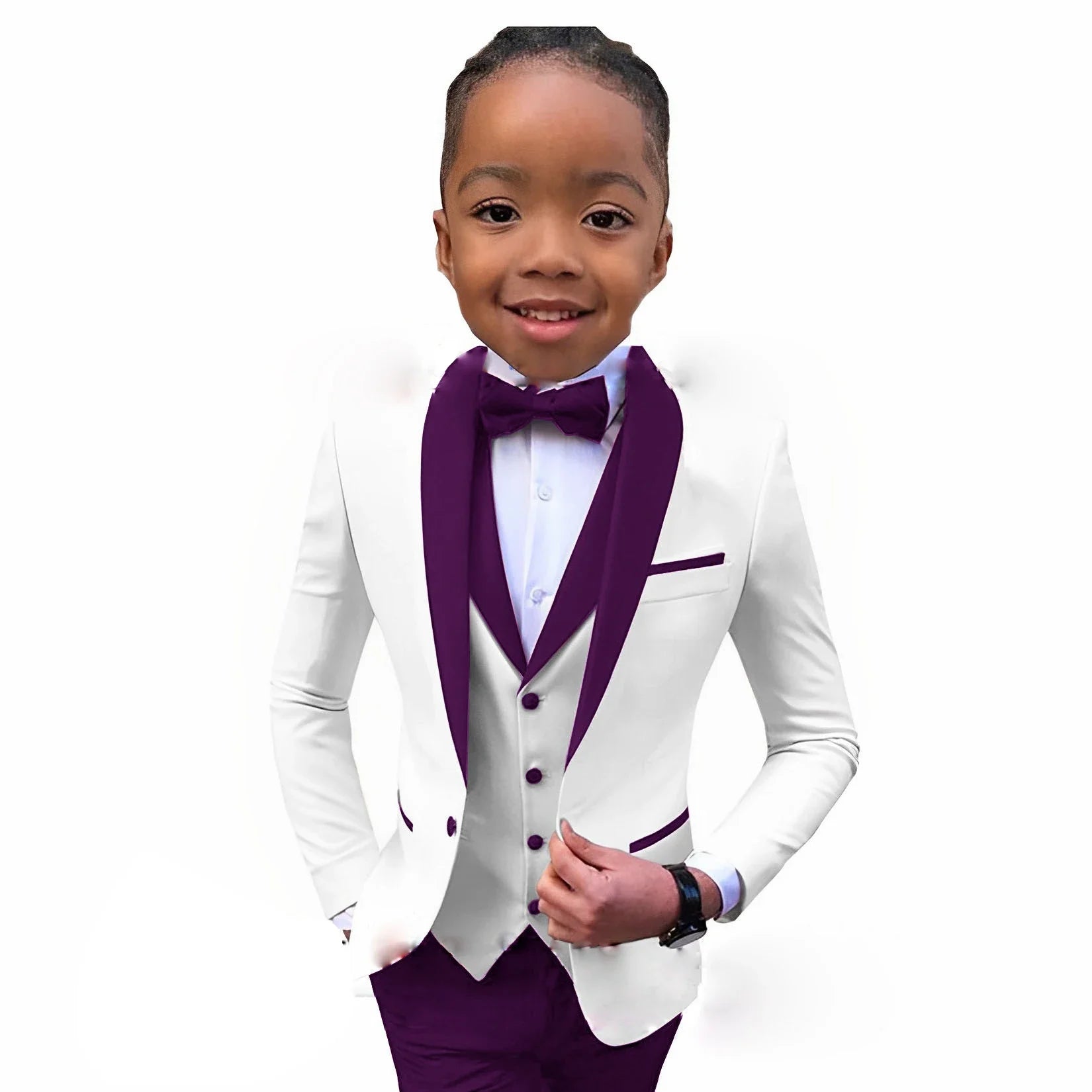 White boys' tuxedo suit with royal blue collar, 3-piece formal wedding or party attire for children aged 2-16, by Showlu Fashion.