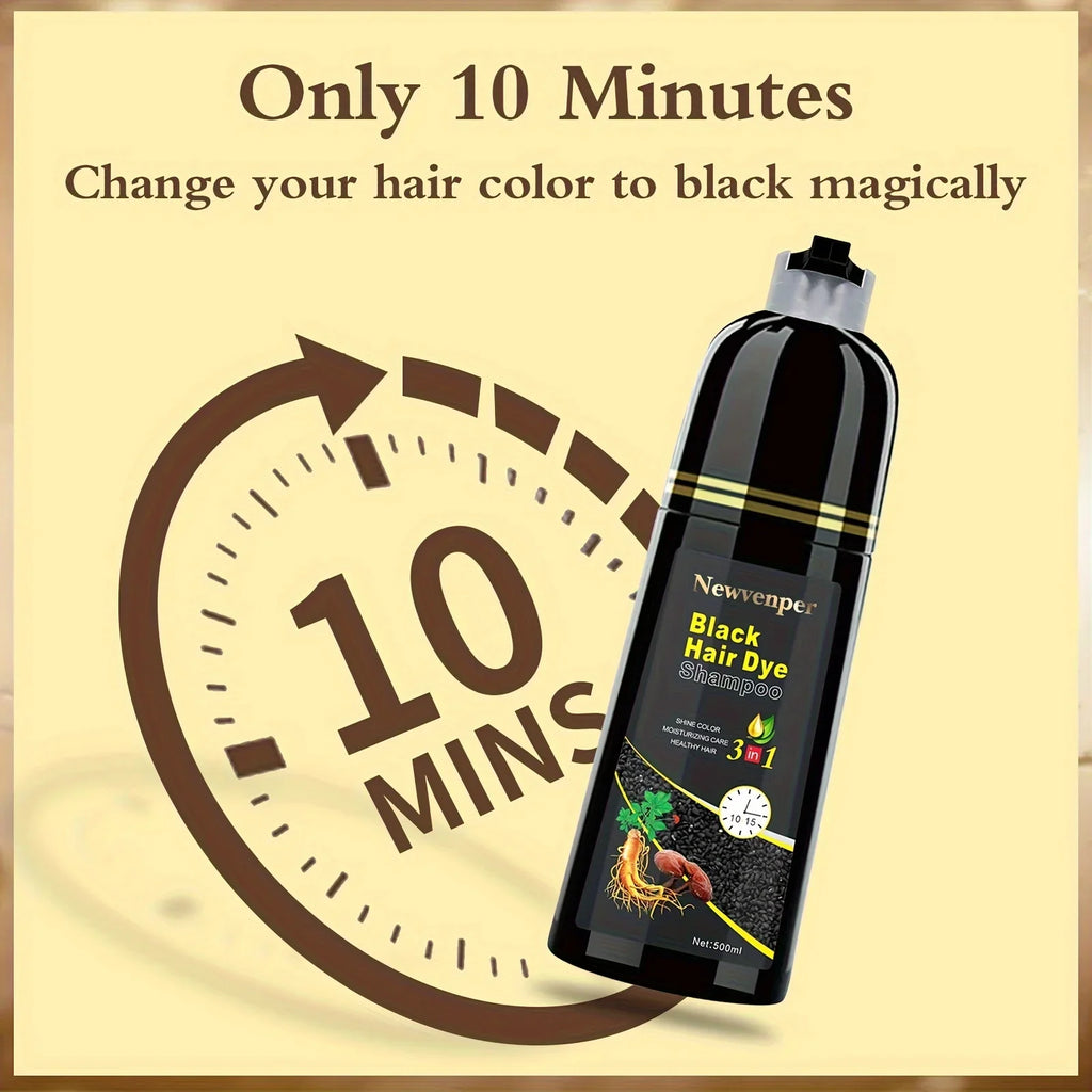 Black hair dye shampoo by NEWVENPER in a 500ml bottle, showing the sleek black packaging and product label.