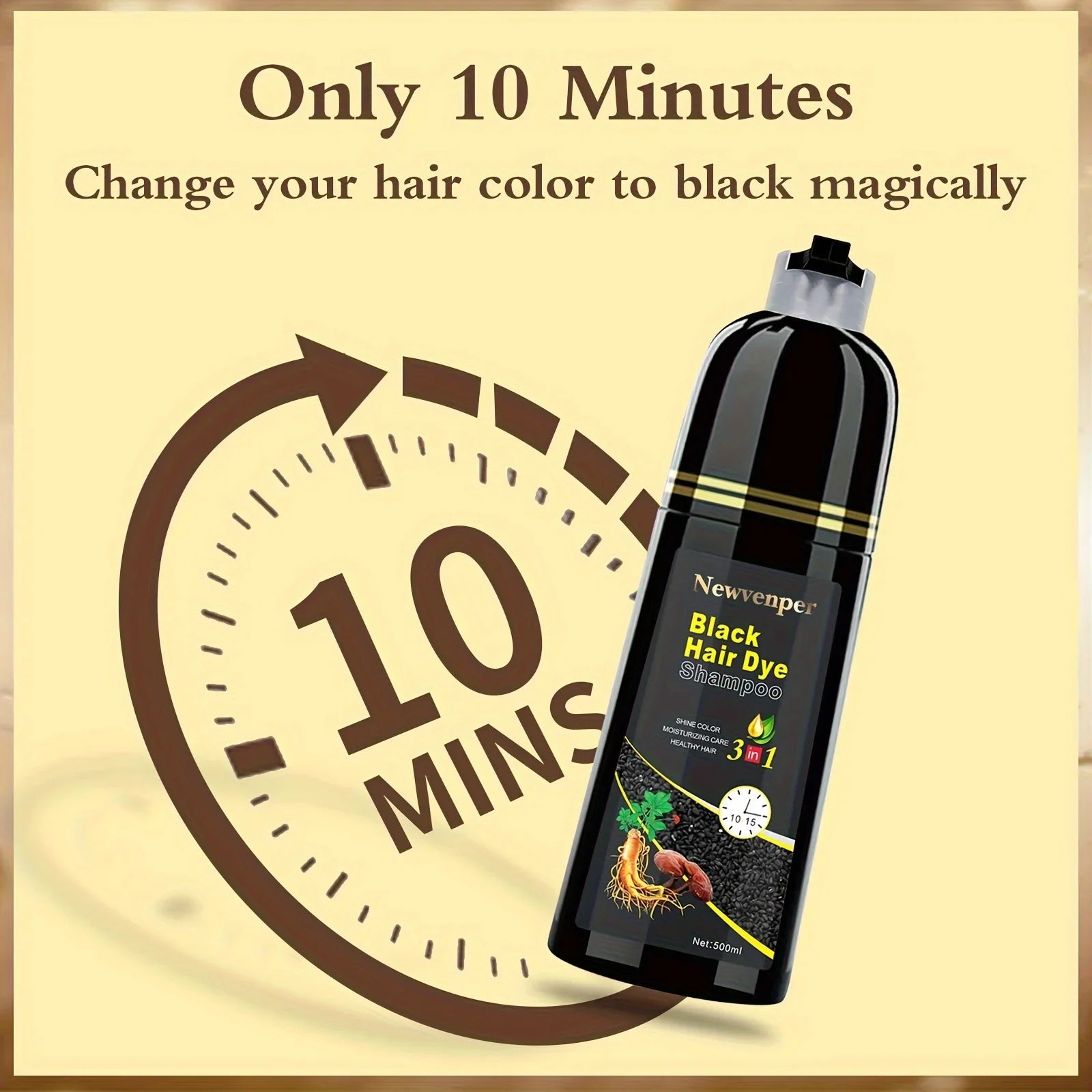 Black hair dye shampoo by NEWVENPER in a 500ml bottle, showing the sleek black packaging and product label.