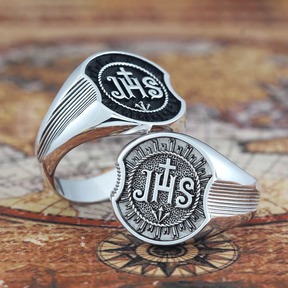 Sterling silver Christian ring featuring Jesus Christ Chi Rho IHS symbol, crafted by TEECOIC for a religious and stylish look