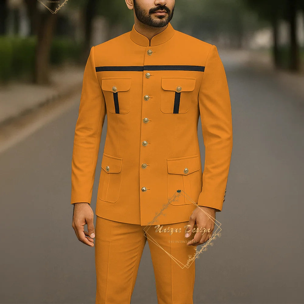 Ivory formal safari suit for men, custom-made Indian groomwear, includes slim-fit jacket and pants, ideal for weddings and parties