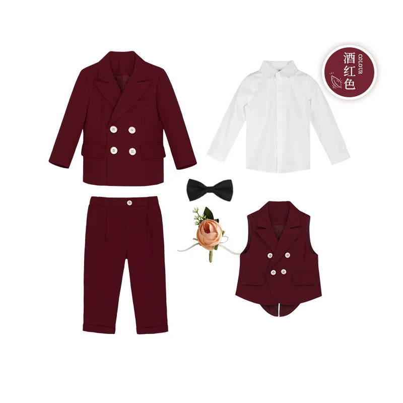 Children's formal burgundy suit set including jacket, pants, and vest for boys, perfect for birthday parties and special occasions.