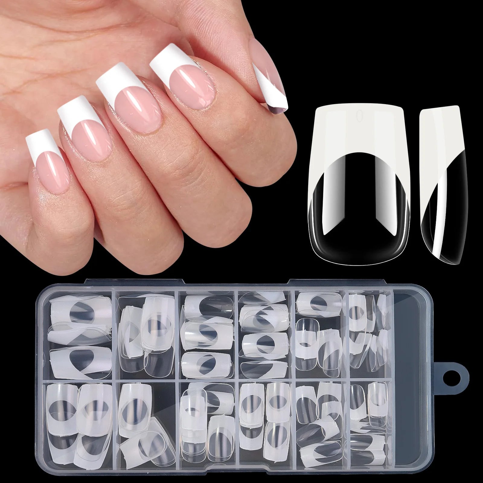 Set of 120 acrylic French false nails by Showlu Fashion with medium length square armor tips in mixed sizes, full cover press-on nails.
