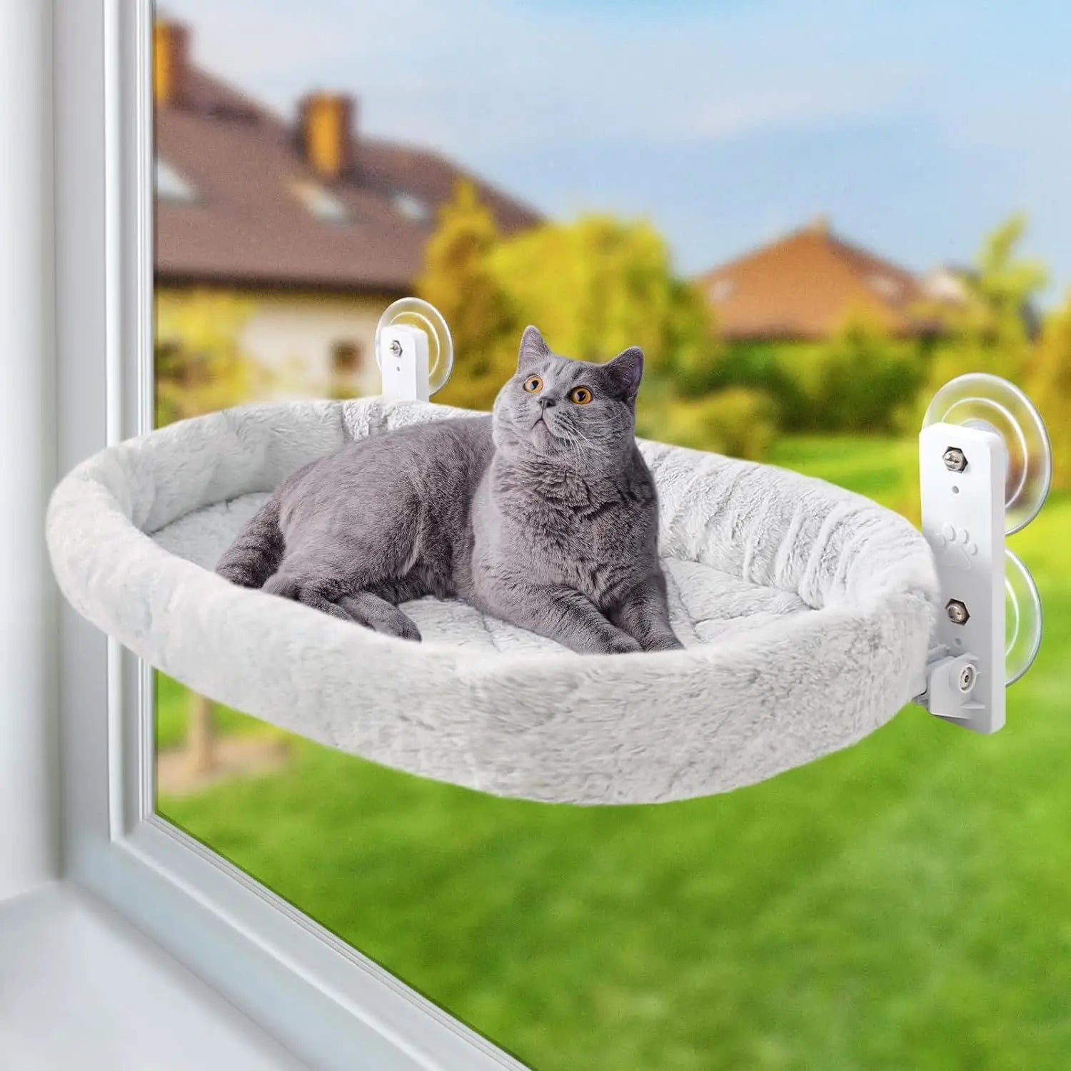 Showlu Plush Cat Window Hammock hanging with suction cups, sunbathing bed for cats, soft and comfortable feline resting spot