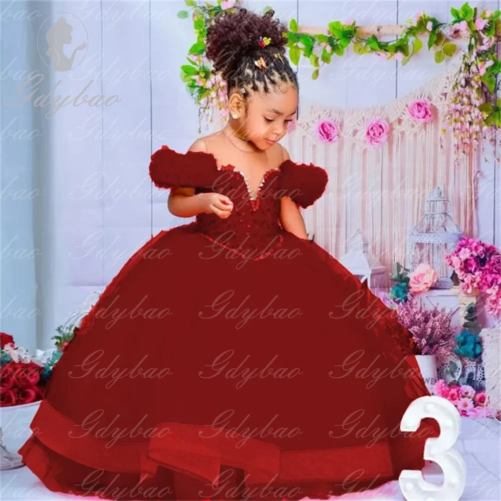 Red flower girl dress by Gdybao featuring tulle ruffle ball gown design, perfect for weddings and special occasions.