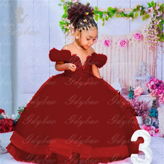 Flower Girl Dresses Red Kids Birthday Sheer Neck Pleated Ruffles Tiered Tulle Ball Gowns for Wedding