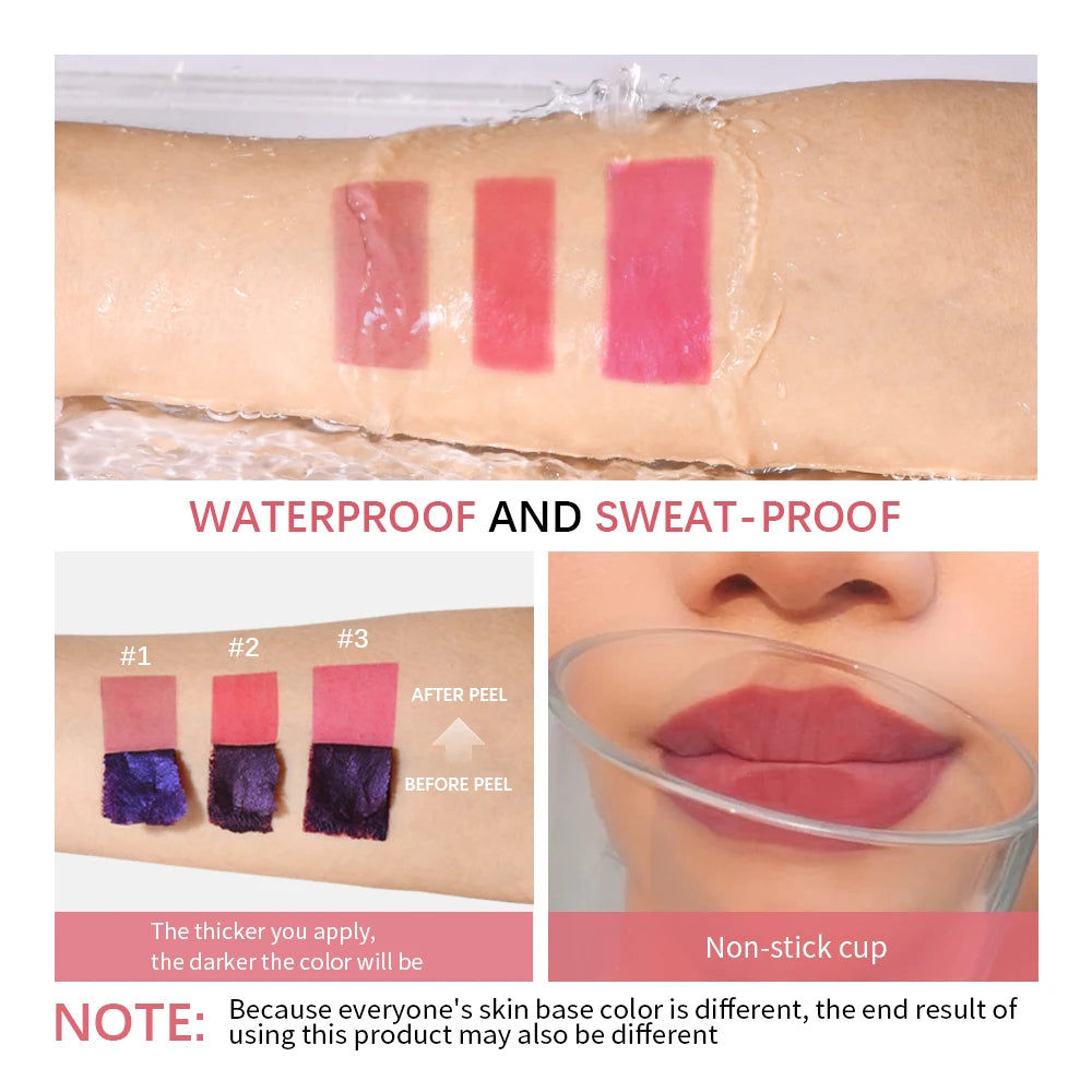 Showlu Smart General waterproof peel-off lip stain and lip tint applied on lips, showcasing vibrant color and glossy finish.
