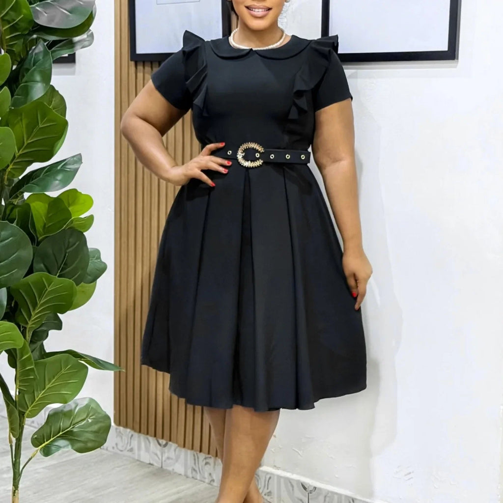 SHOWLU African pleated midi dress with short sleeves and O-neck, stylish business wear in vibrant fabric.