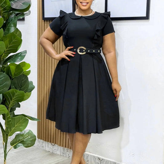 Elegant African Dresses for Woman O Neck Short Sleeve Belt Waisted Pleated Mid Calf Professional Business Work Wear Dress Midi