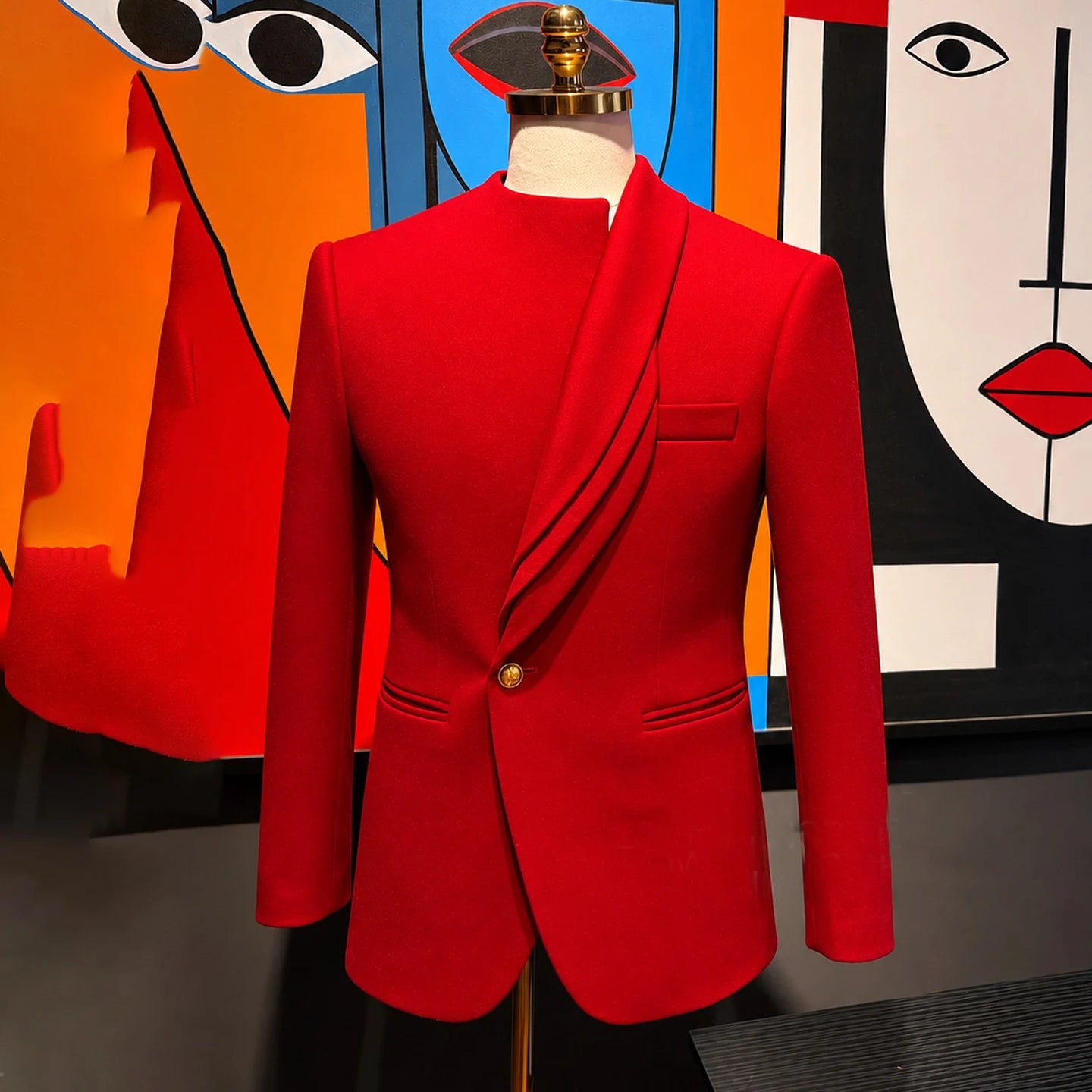 Men Red Single Button Suit Shawl Lapel Jacket Modern Party Elegant One Pcs Tuxedos High Quality Wedding Suits Formal Customized