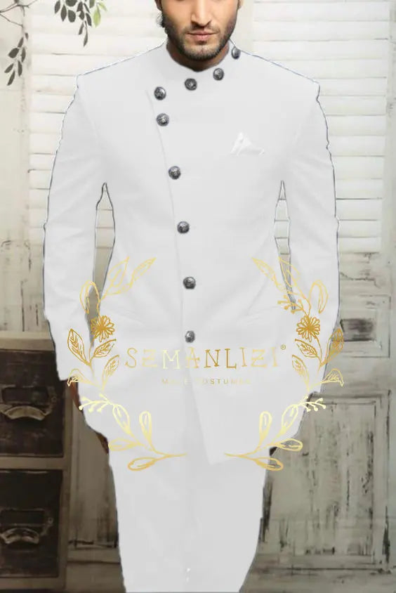 Navy blue Indian design men's suit by Showlu Fashion, slim fit blazer with matching trousers for formal weddings or business.