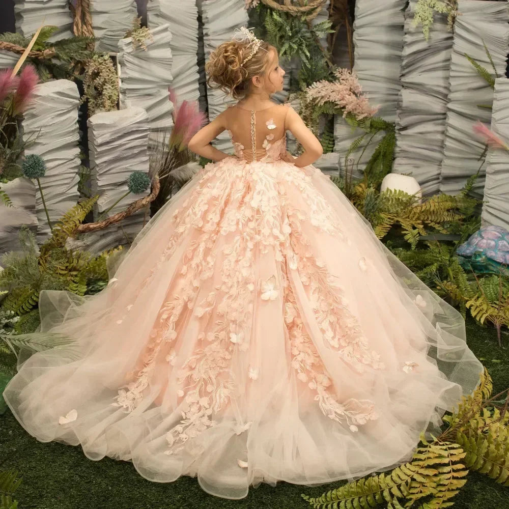 Pink floral butterfly appliqué dress for flower girl by Showlu Fashion, featuring 3D floral and butterfly details.