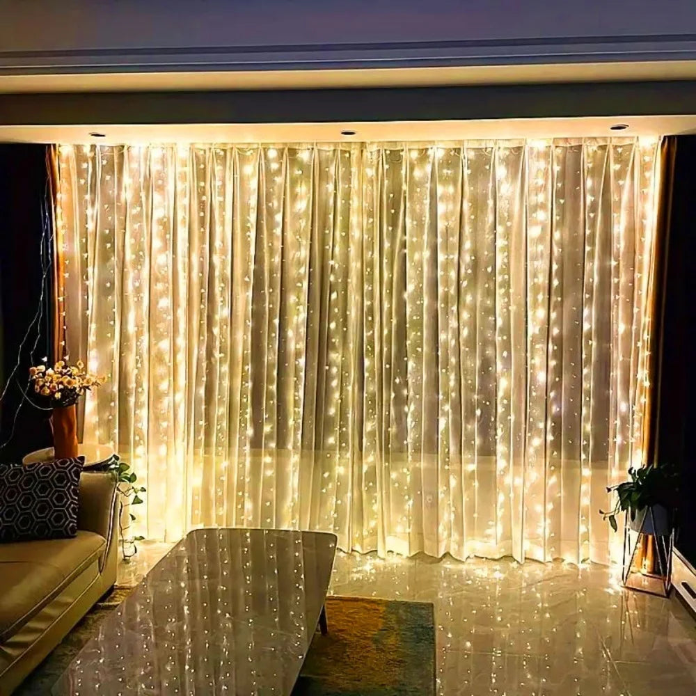 Showlu Smart LED Curtain Fairy Lights hanging decor with warm white glow, ideal for home or party ambiance.