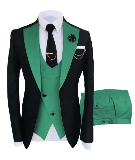 Black slim fit men's business suit by Showlu Smart General, includes jacket, pants, and vest, suitable for formal weddings.
