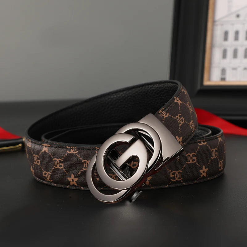 Genuine leather men's belt with metal alloy automatic buckle, luxury design, stylish waist strap for men