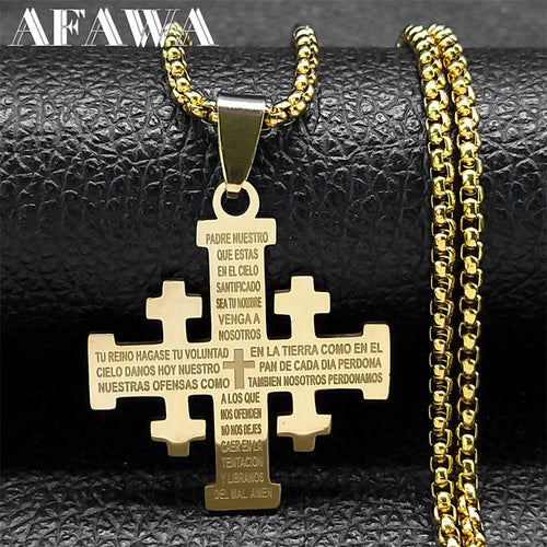 AFAWA Jerusalem Cross necklace with stainless steel Bible verse pendant featuring intricate cross design and religious symbolism.